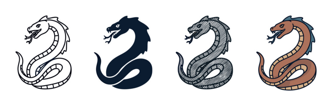Set of four mythical serpent illustrations in various artistic styles, including a simple black outline, a solid silhouette, a hatched sketch, and a full-color doodle