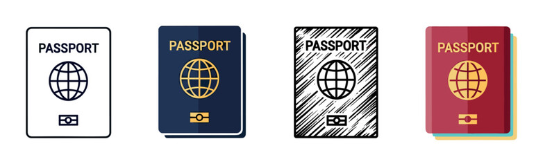 Set of four passport icons shown in different graphic styles, including line art, flat design, and a sketchy hand-drawn version for international travel and identity concepts
