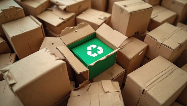 Heap of cardboard containers with open box revealing green insert marked with white recycle symbol. Eco friendly packaging choice for shipping.