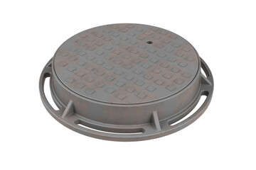 3D Render of Cast Iron Manhole Cover with Frame, Isolated on White Background
