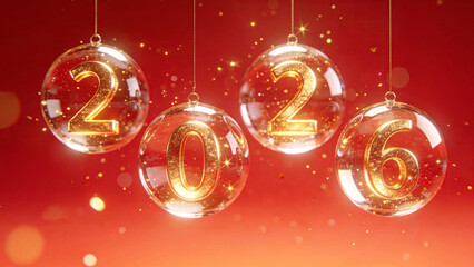 Glass hanging balls with gold numbers 2026 on a red Christmas and New Year's background, festive atmosphere. Sparkling celebration