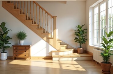 Light wood staircase in cozy farmhouse home interior. Large window lets in sunbeams, illuminating potted green plants and wood floor. Modern scandi decor with wooden dresser.