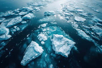 Aerial view of scattered drift ice floating on dark ocean water with abstract shapes