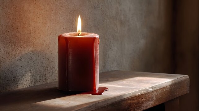 A single red candle burns melting wax onto a wooden surface casting warm light and deep shadows