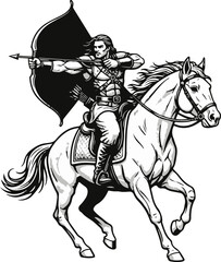 Male Archer Riding Horse Silhouette with Bow and Arrow