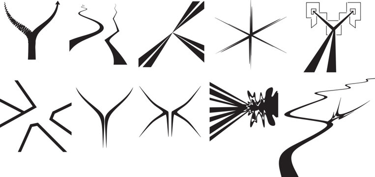 Abstract black white vector graphics collection. Path, arrow, choice, energy, connection, burst shapes.
