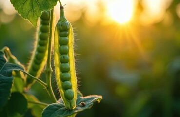 Fototapeta premium Close-up of ripening green soybean pods growing in field. Sunlight shines through translucent pods revealing seeds. Agriculture, healthy food concept, organic farming, rural scene.
