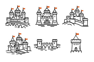Fototapeta premium Set of stylized castle icons with orange flags