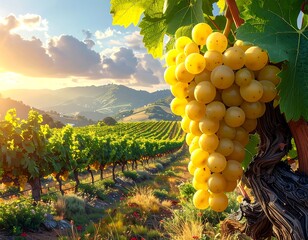 Ripe Yellow Grapes Hanging in Vineyard Landscape.