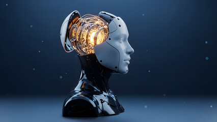 Futuristic robot head with glowing circuitry brain