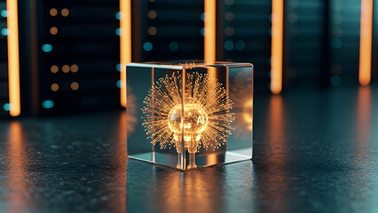 Glowing AI neural network in transparent cube on dark background