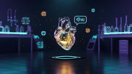 Futuristic AI technology integrating with human heart in lab