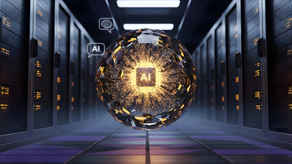 Glowing AI orb pulsing with energy in futuristic server room