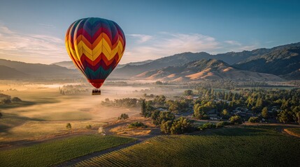 Naklejka premium Colorful hot air balloon soaring above misty landscape with mountains and trees