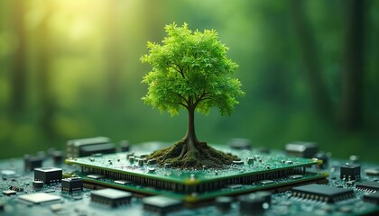 Green tree grows from computer motherboard. Represents eco friendly tech and digital nature concept. Symbolizes sustainable growth future innovations data.