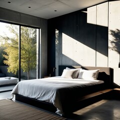 A contemporary bedroom featuring minimalist design, large windows, concrete walls, and abundant natural light, creating a tranquil and stylish atmosphere.