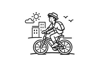 Fototapeta premium Person Riding Bicycle in City with Sun and Birds