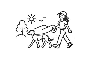 Woman walking a dog in a park