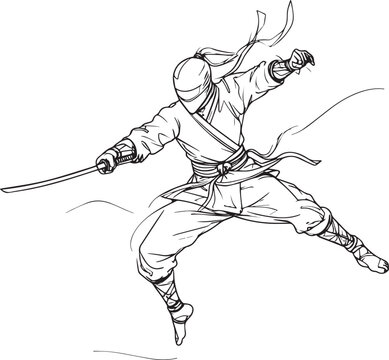 Dynamic ninja sword attack pose clean black outline illustration high resolution image