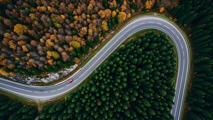 Winding Mountain Road Through Autumn Forest Landscape