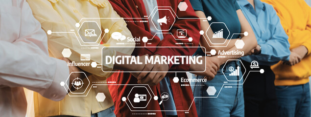 A diverse group of professionals stands together, showcasing digital marketing themes through visual elements. This image represents modern strategies and teamwork in a vibrant business setting. Amity