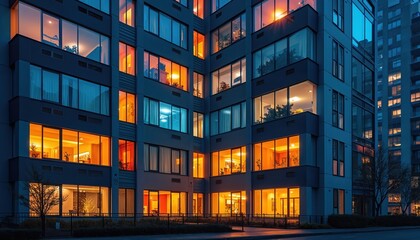 Obraz premium Modern building exterior with bright illuminated windows at night. Warm orange, cool blue lights create striking contrast. Residential apartments offices glow with interior light. Urban city