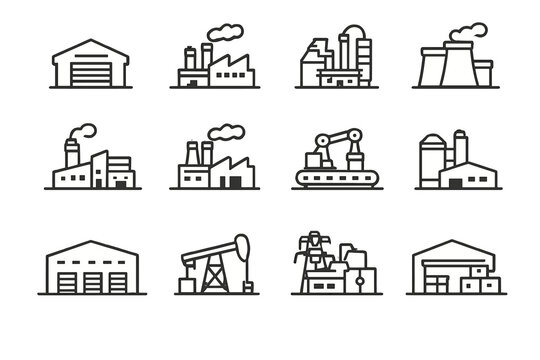 Set of industrial building icons on a gradient background