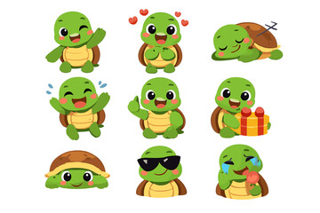 Fototapeta premium Cute Cartoon Turtle Emoticon Set