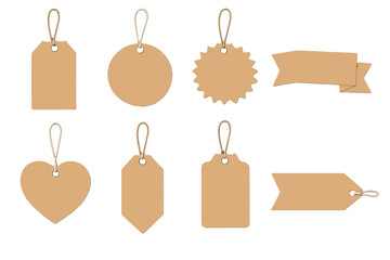 Set of eight blank brown paper tags and labels on a gradient background