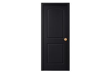 Black classic panel door with gold brass knob isolated object. Wooden room entrance or interior furniture