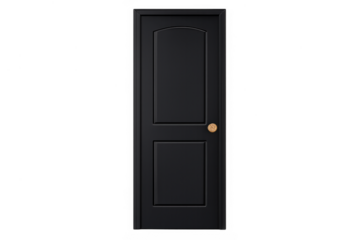 Black classic panel door with gold brass knob isolated object. Wooden room entrance or interior furniture