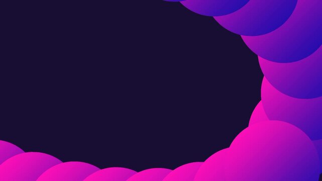 A curved path of layered purple and pink circles creates a sense of depth against a dark navy field