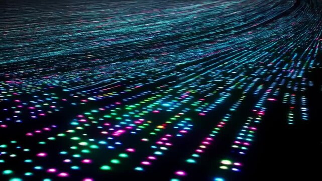 Abstract Data Visualization with Colorful Dots. A digital abstract representation of data visualization featuring rows of colorful dots arranged in linear patterns that stretch into the distance. 