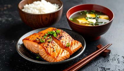 Japanese Salmon Meal with Rice and Miso Soup.