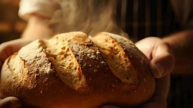 Freshly Baked Artisan Bread with Rising Steam. Close-up of a hot, freshly baked loaf of artisan bread with steam rising from its golden-brown crust. 