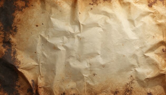 Aged crumpled paper with burnt edges and stains shows its age. Textured background tells story of time, offering vintage, retro, rustic feel for creative projects.