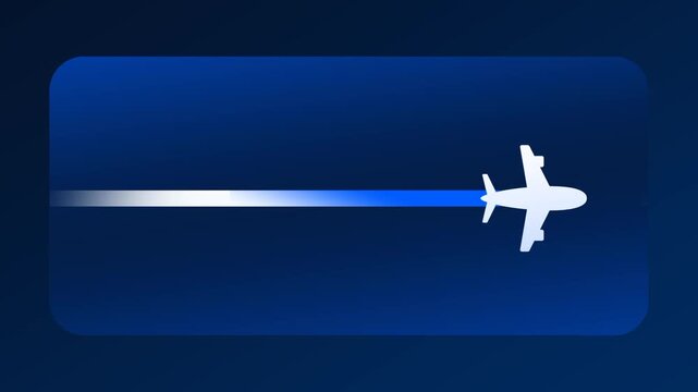 A white stylized airplane icon leaves a long glowing streak as it flies across a dark blue screen