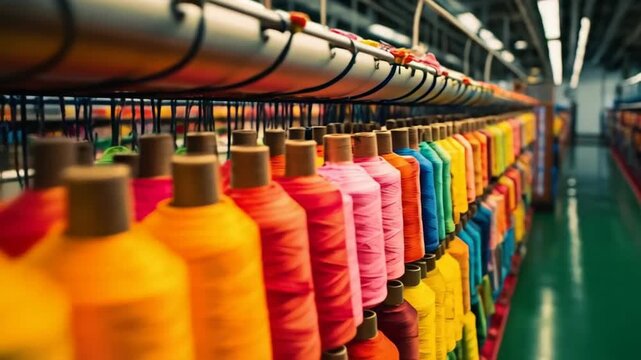 Colorful Industrial Spools of Thread in Textile Facility. Close-up view of multiple vibrant spools of thread arranged in rows on a rack, set in a textile or garment manufacturing environment. 
