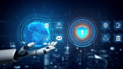 Futuristic robotic hand interacting with digital security icons, global network, and data protection technology in a cyber landscape setting Gluon. - Powered by Adobe