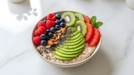 Delicious healthy breakfast bowl with fresh fruits and nuts on marble table