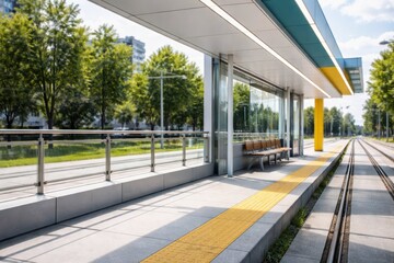 A clean contemporary light rail platform with tactile guidance lines, open shelter, and greenery, designed for safe passenger flow and efficient urban transport infrastructure.