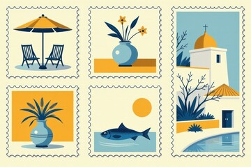 Retro Italian Engraving Frame and Stamp Collection