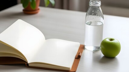 Serene workspace with open notebook, fresh water, and green apple