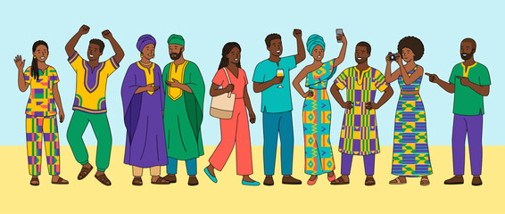 Diverse group of people in colorful African attire, standing together.