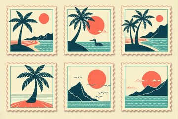 set of vintage postage stamps, tropical island travel theme, minimal flat illustration