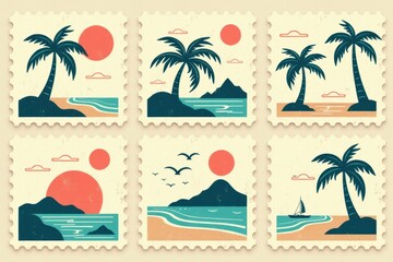 set of vintage postage stamps, tropical island travel theme, minimal flat illustration
