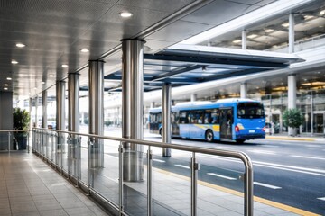Clean contemporary bus stop platform with covered shelter, glass railings, and seating, designed for safe waiting, efficient transit flow, and comfortable urban passenger mobility.