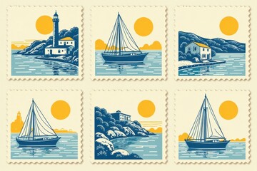 set of vintage postage stamps, tropical island travel theme, minimal flat illustration
