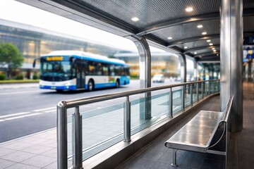 Obraz premium Clean contemporary bus stop platform with covered shelter, glass railings, and seating, designed for safe waiting, efficient transit flow, and comfortable urban passenger mobility.