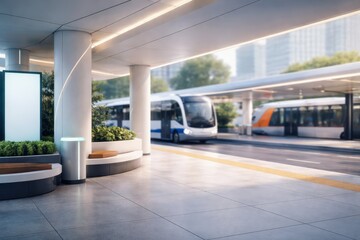 A spacious contemporary transit platform with buses and rail vehicles arriving under a clean architectural canopy, emphasizing efficient mobility and modern transport infrastructure.